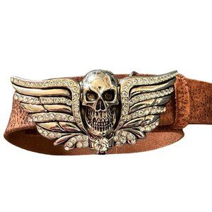 WASHED UP HOLLYWOOD SILVER CRYSTAL SKULL HEAD BELT BUCKLE 34"